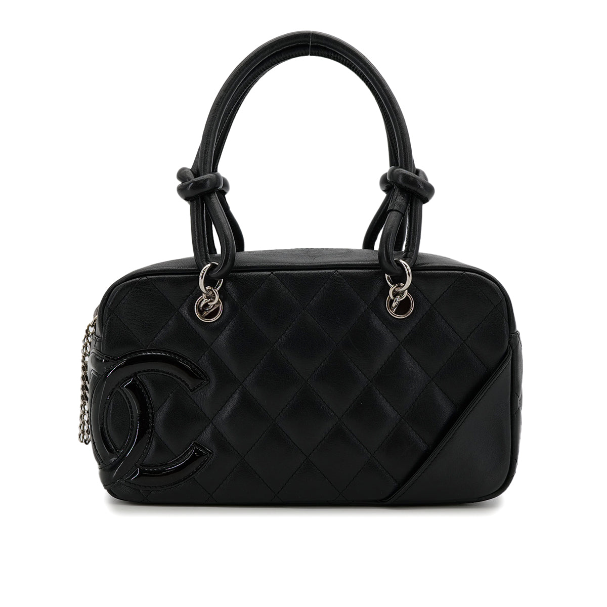 VINTAGE CHANEL CAMBON LINE HAND BAG BLACK LEATHER SILVER HARDWARE 90312942