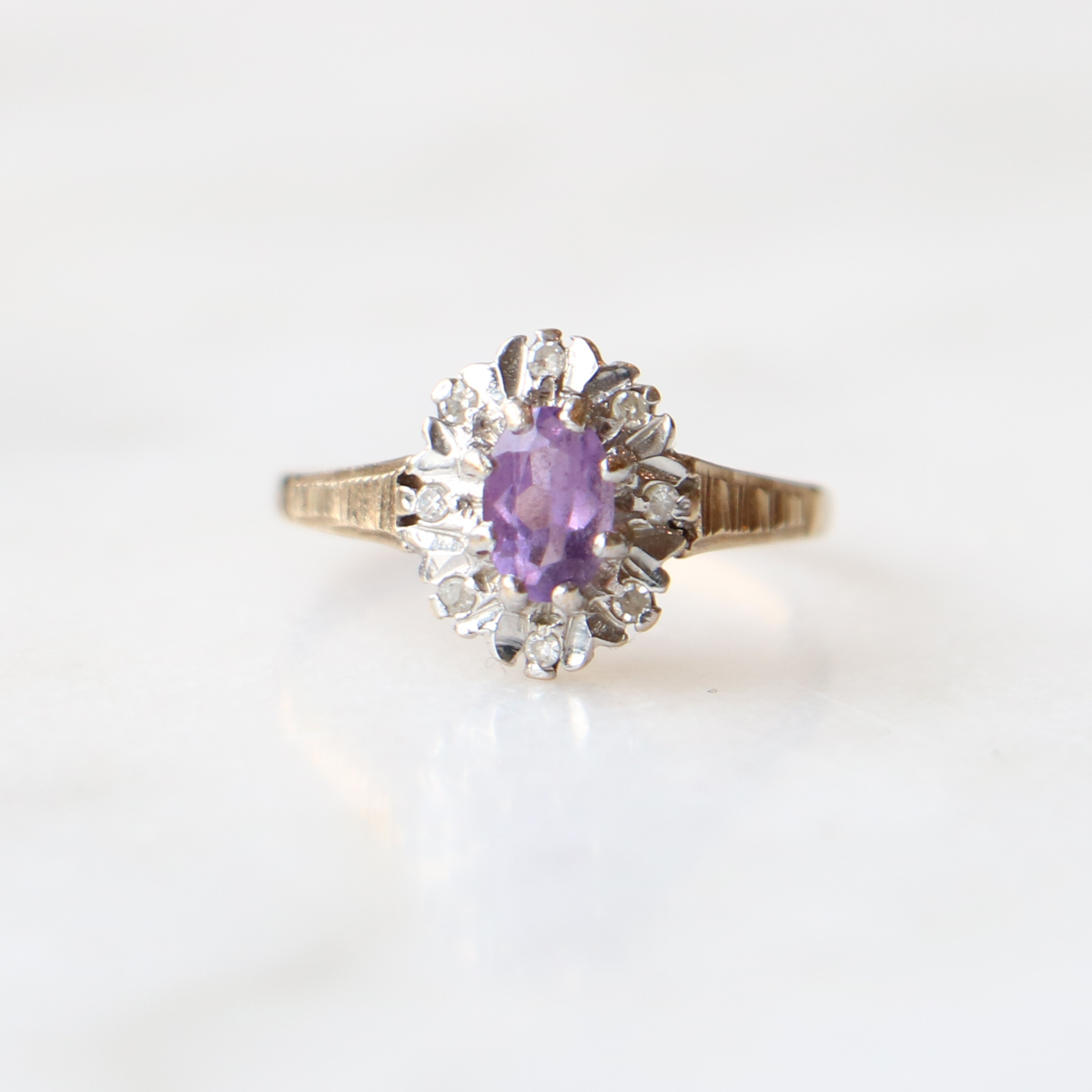 Willow Fine Jewellery 9ct Gold Vintage Amethyst and Diamond Halo Ring