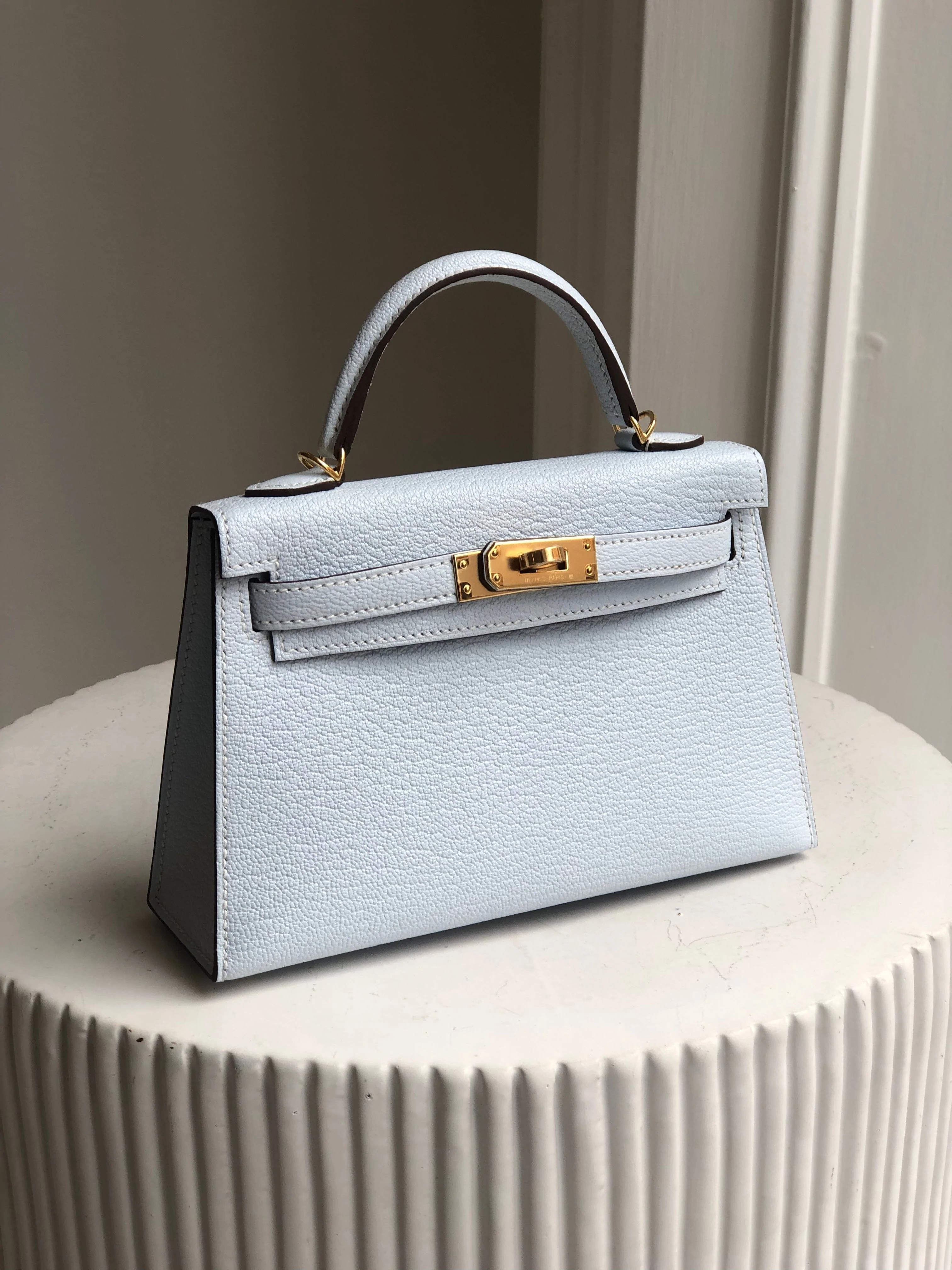 HERMÈS MINI KELLY II 20CM BLUE BRUME Chèvre Leather with Gold Hardware