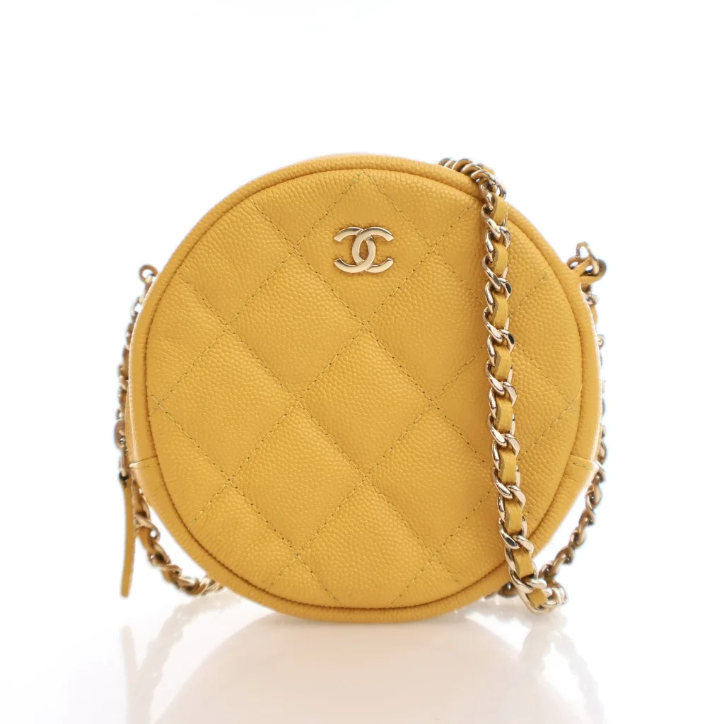 Chanel Yellow Caviar Quilted Round Clutch