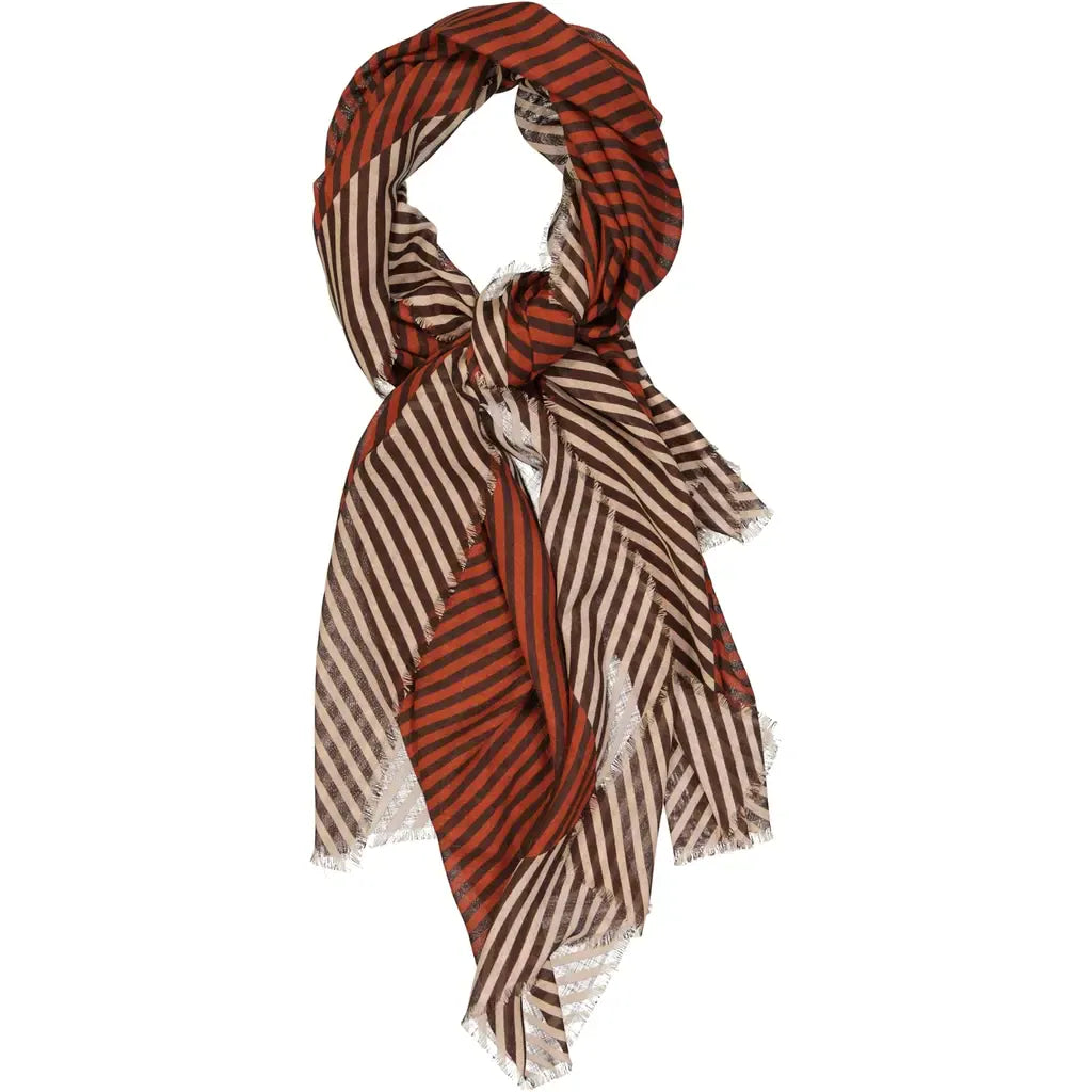 YSL Saint Laurent Brown and Orange Striped Cashmere Scarf with Frayed Edge ANL0175