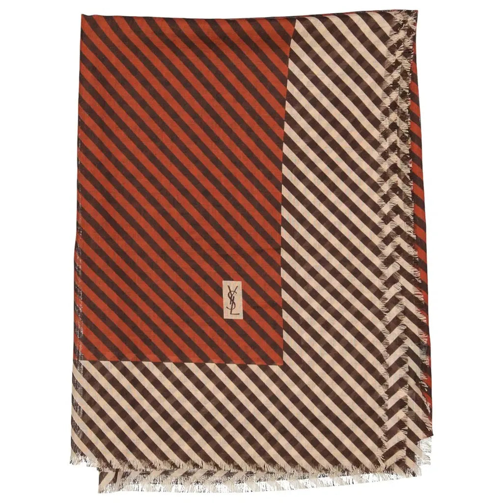 YSL Saint Laurent Brown and Orange Striped Cashmere Scarf with Frayed Edge ANL0175