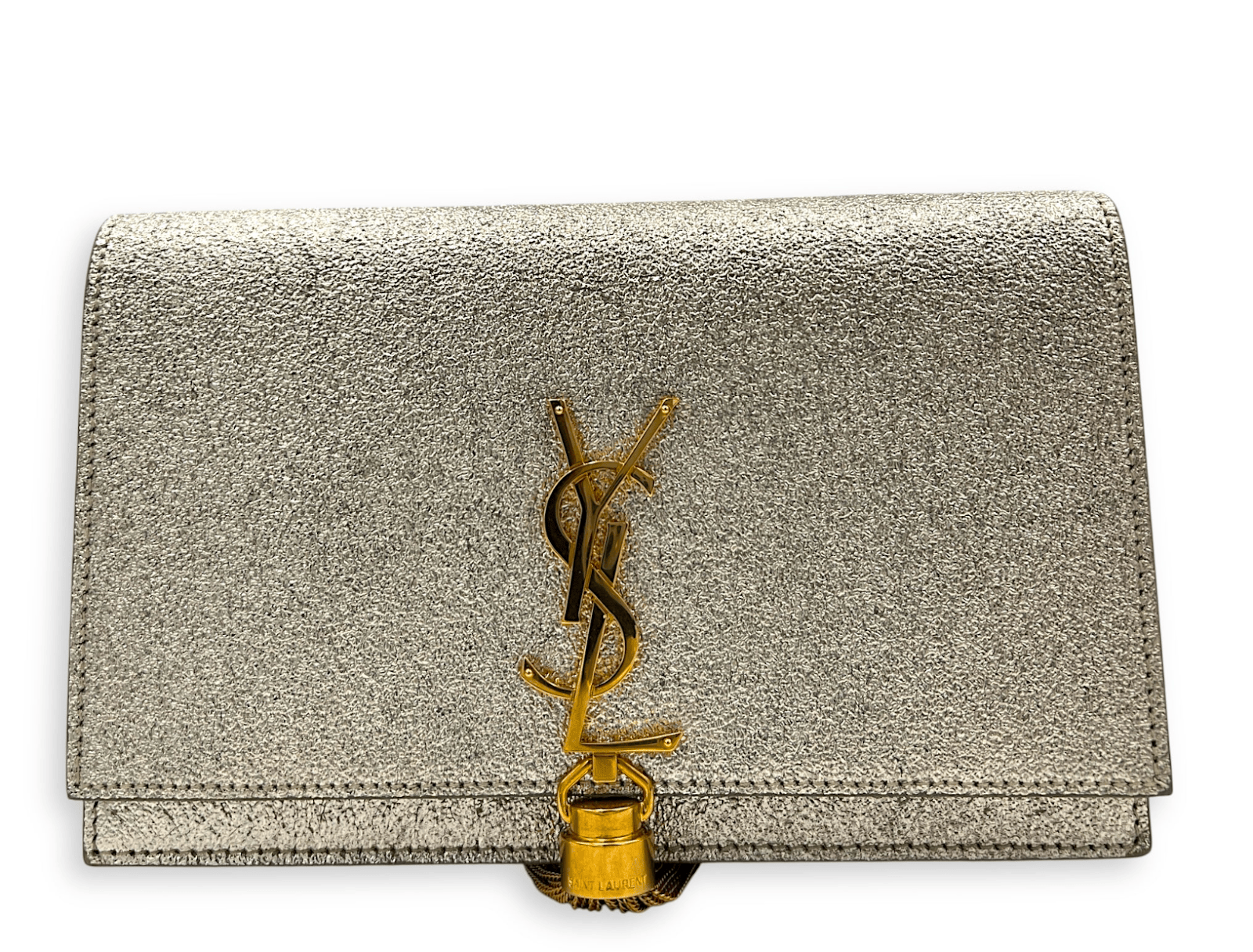 YSL Saint Laurent Kate Tassel Silver Shoulder Bag in Calfskin, Gold hardware 0053AT
