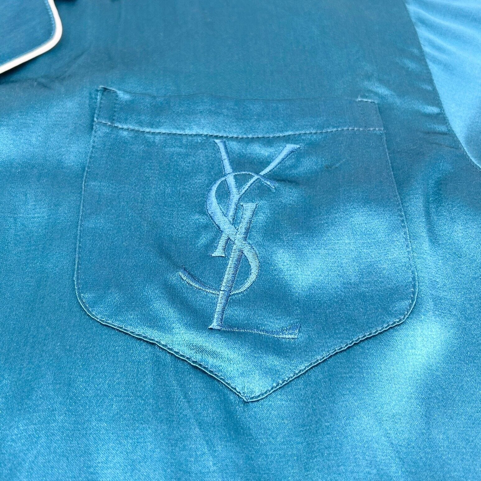 Yves Saint Laurent Yves Saint Laurent Vintage Logo Pajama #M Room Wear Blue Silk Satin RankAB