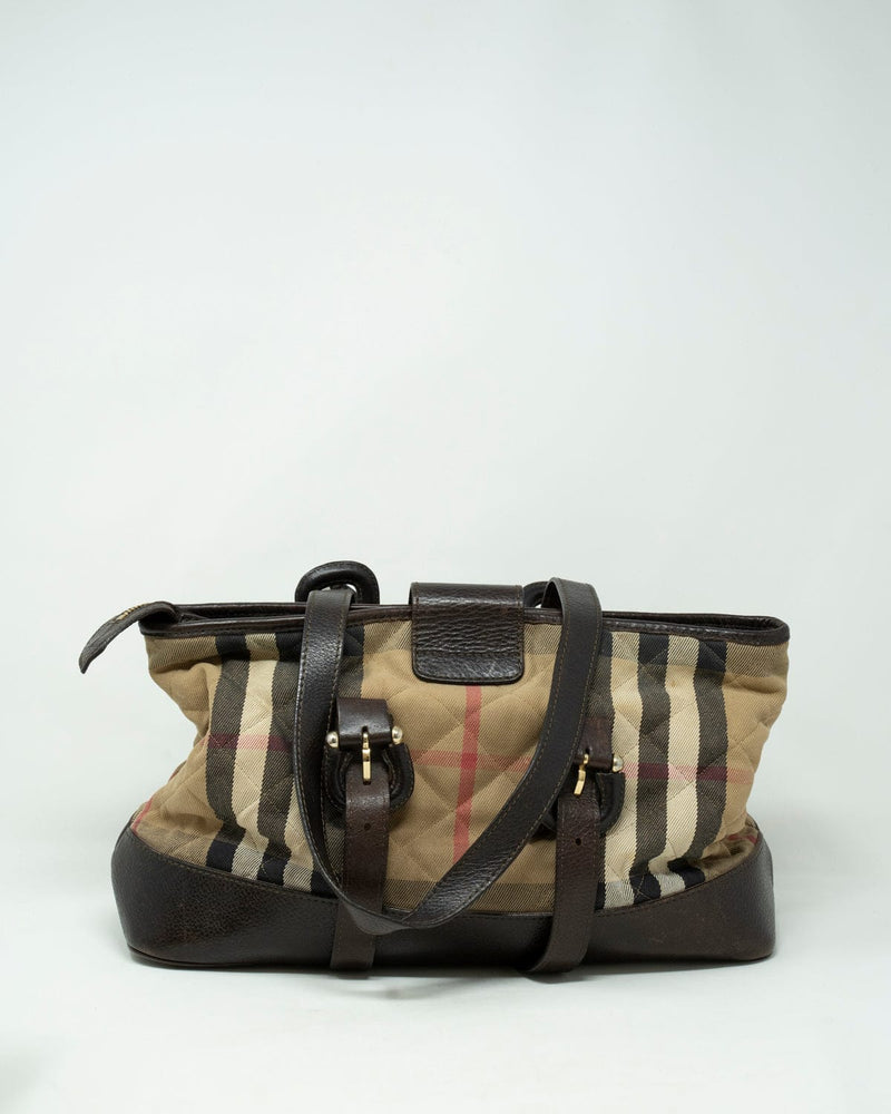 Authentic BURBERRY Nova Check Canvas Leather Shoulder Tote Bag Beige  Burgundy