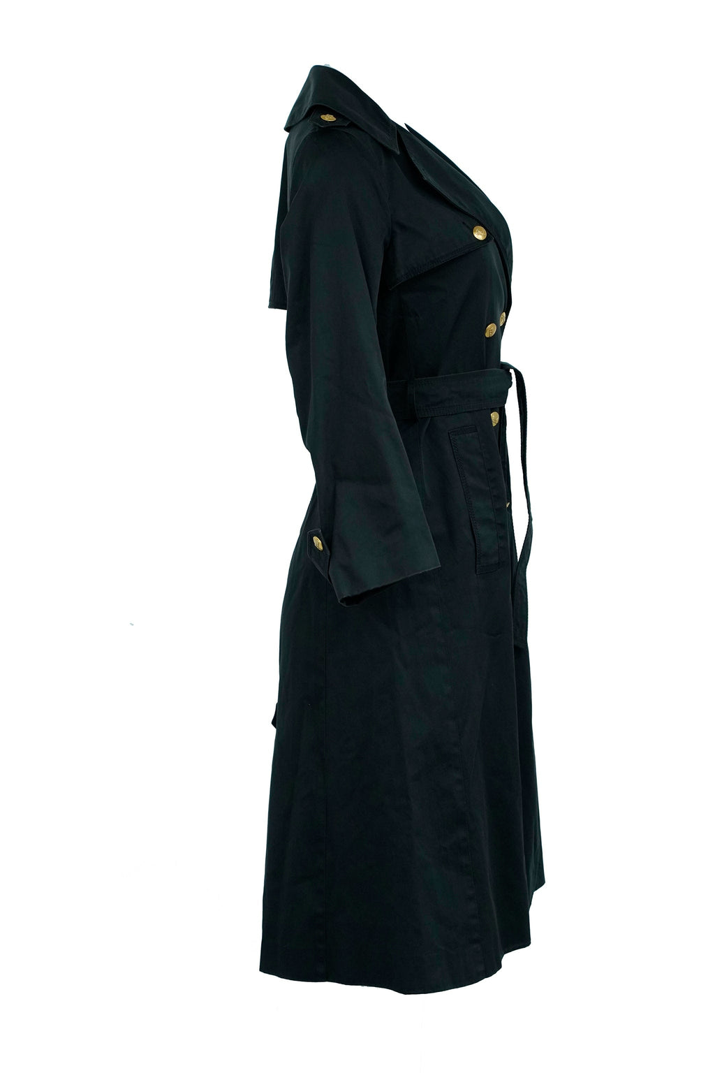 Black trench coat shop with gold buttons