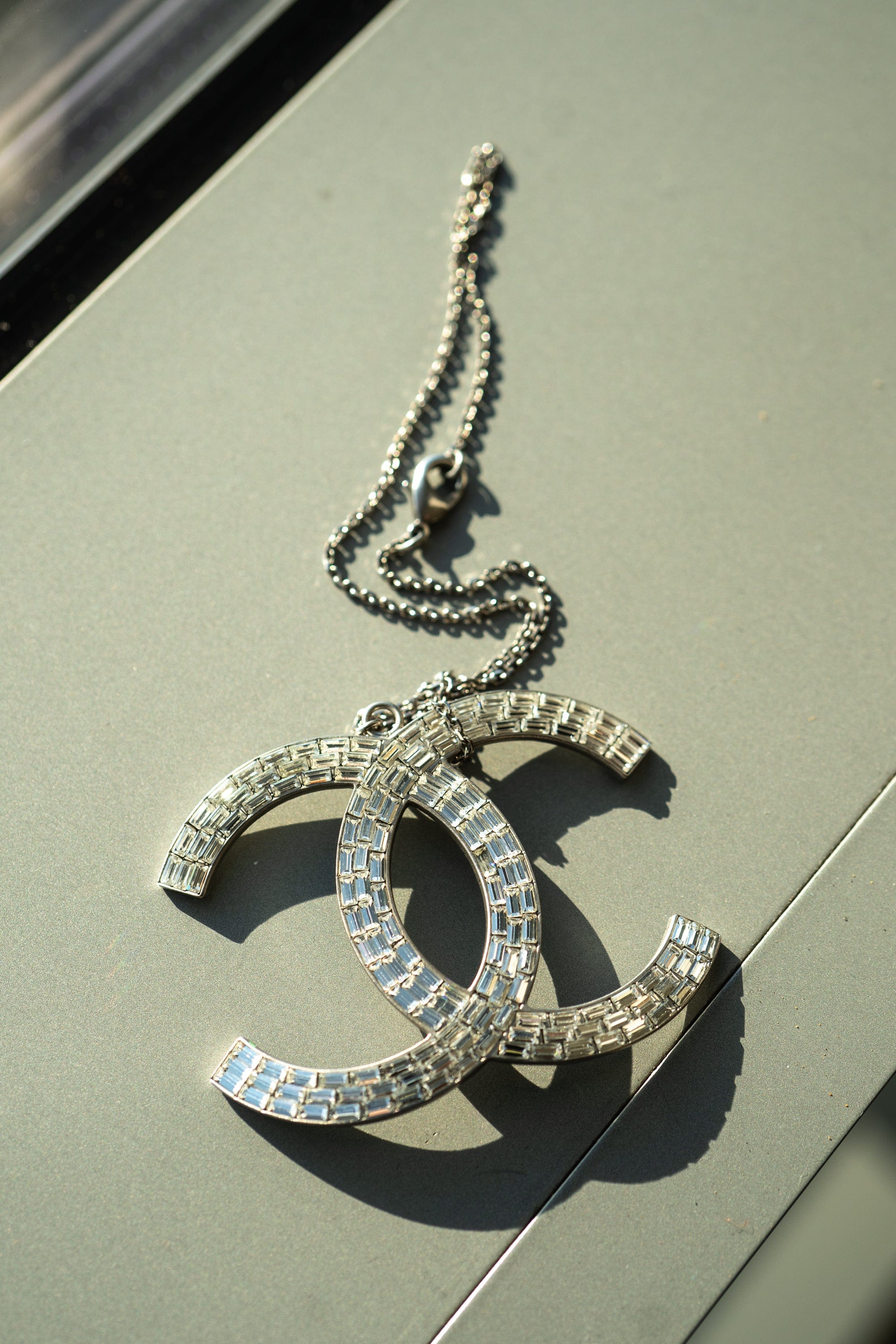 Chanel Silver CC Baguette Crystal Medium Pendant Necklace