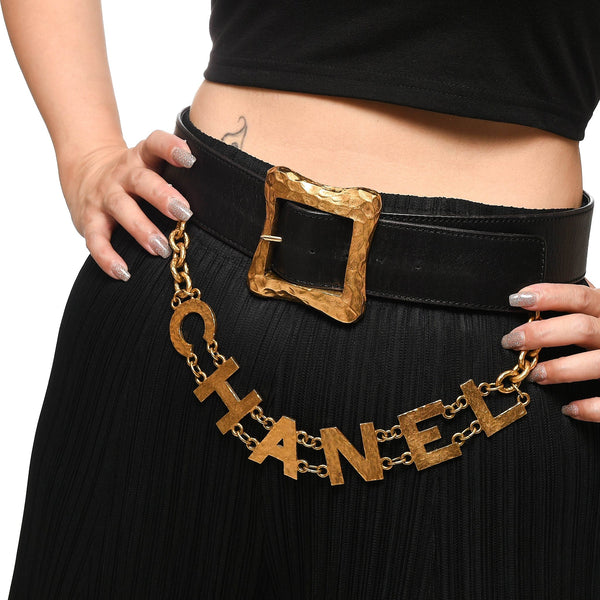 CHANEL belt Chain belt COCO Mark Ribbon leather/Gold Plated Black