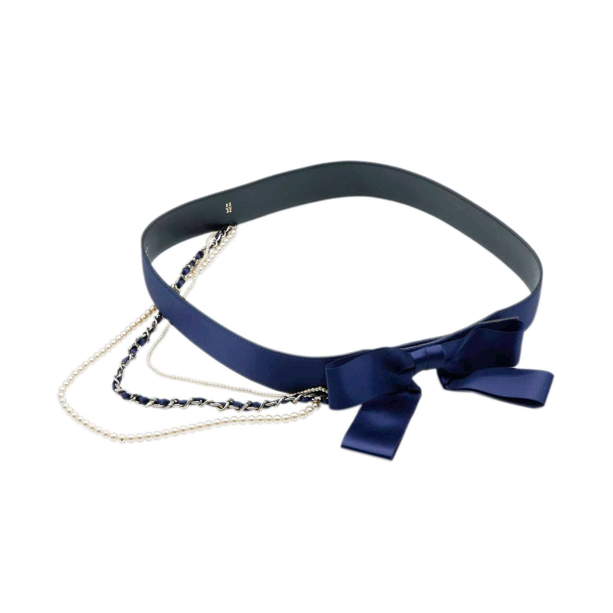 Chanel Belt Navy Satin Bow and Pearl Detail Size 80 AGC1472  display picture 3