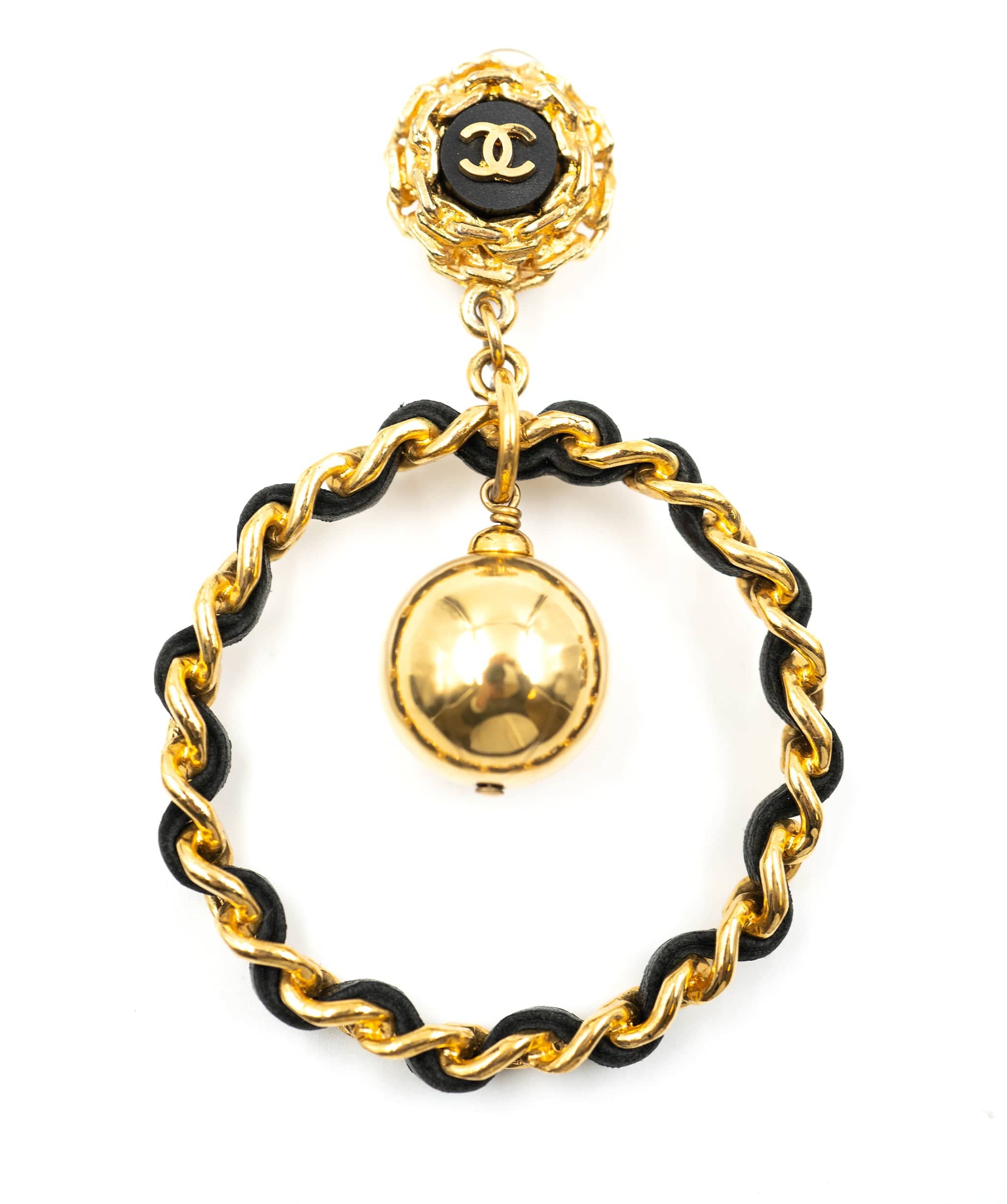 Chanel Chanel black and gold leather hoops with CC logo and ball - ASL4085