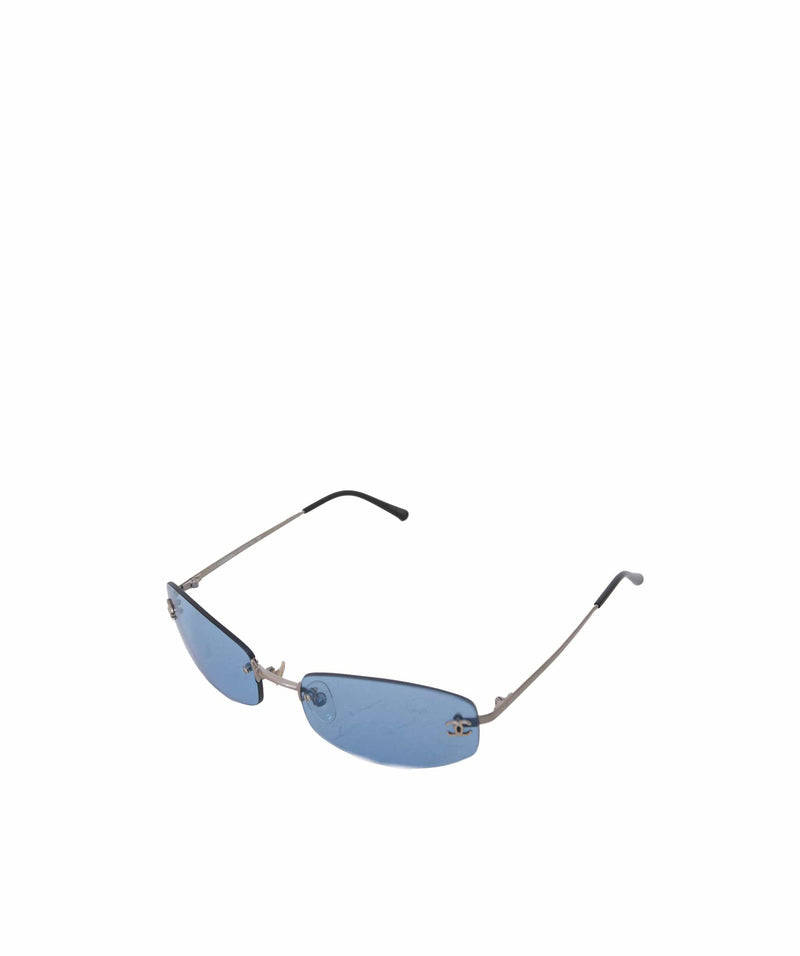Chanel Sunglasses Rimless Crystal Rectangle Blue Clear Tinted 