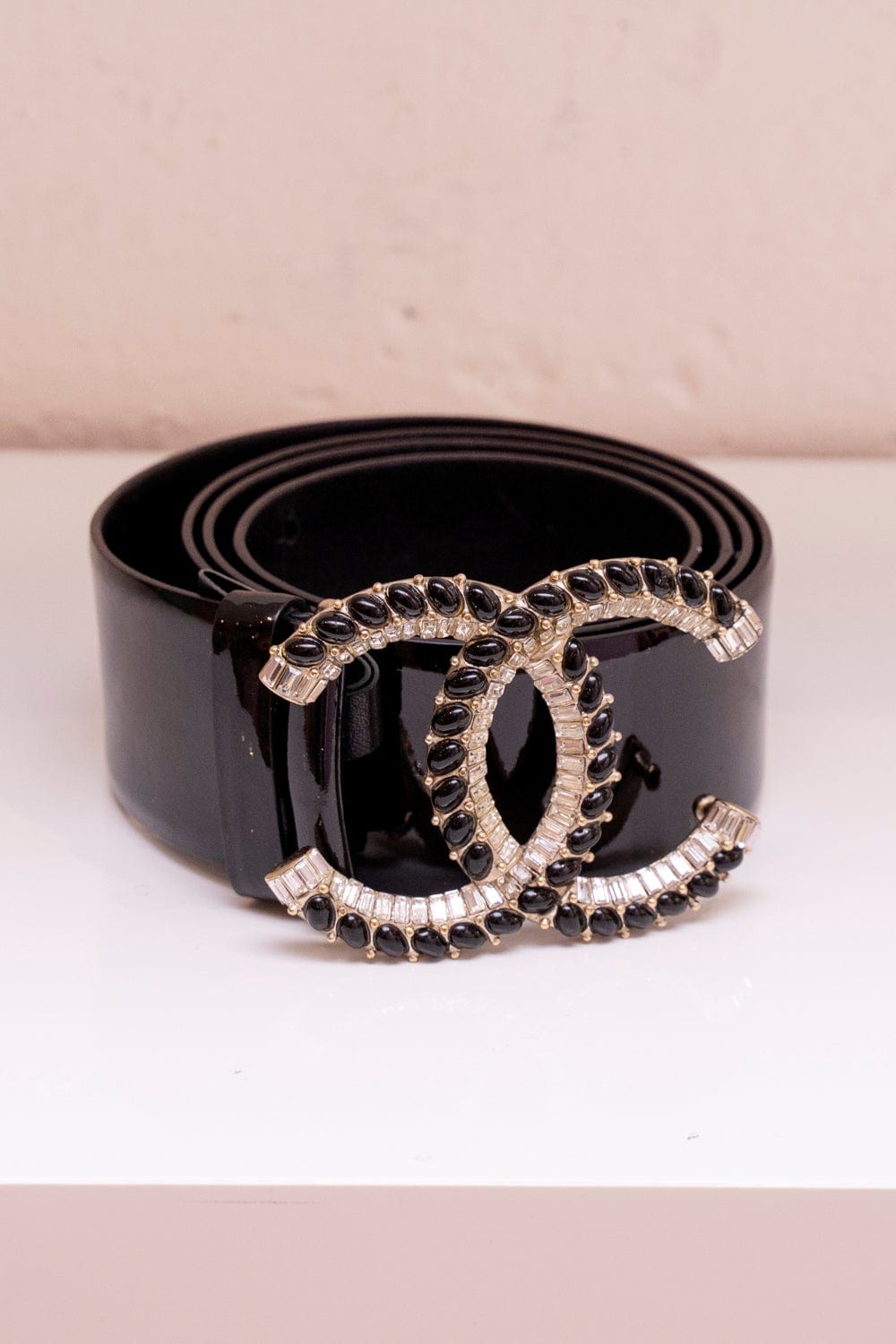 46. Lp x christos Chanel CC Black Diamante Patent Leather Belt - AGL1628
