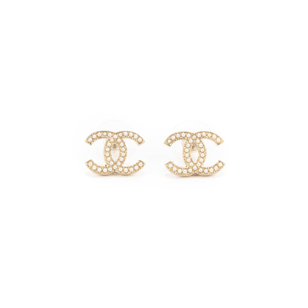CHANEL CC Seed Pearl Stud Gold Metal Dangle Earrings Authentic NIB