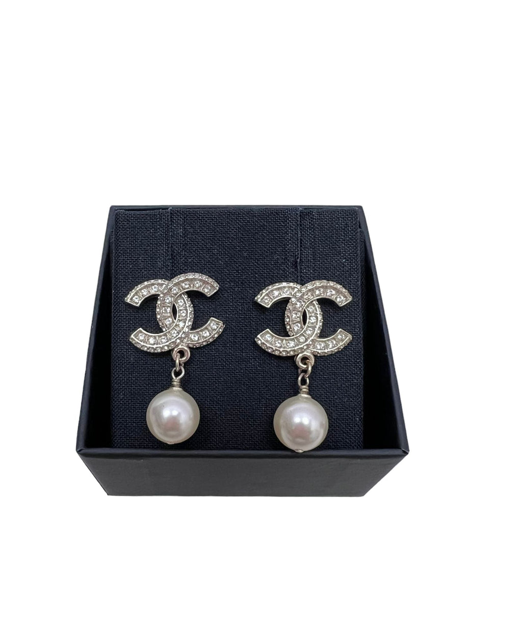 Chanel Silver Crystal Pearl Drop Earrings ○ Labellov ○ Buy and