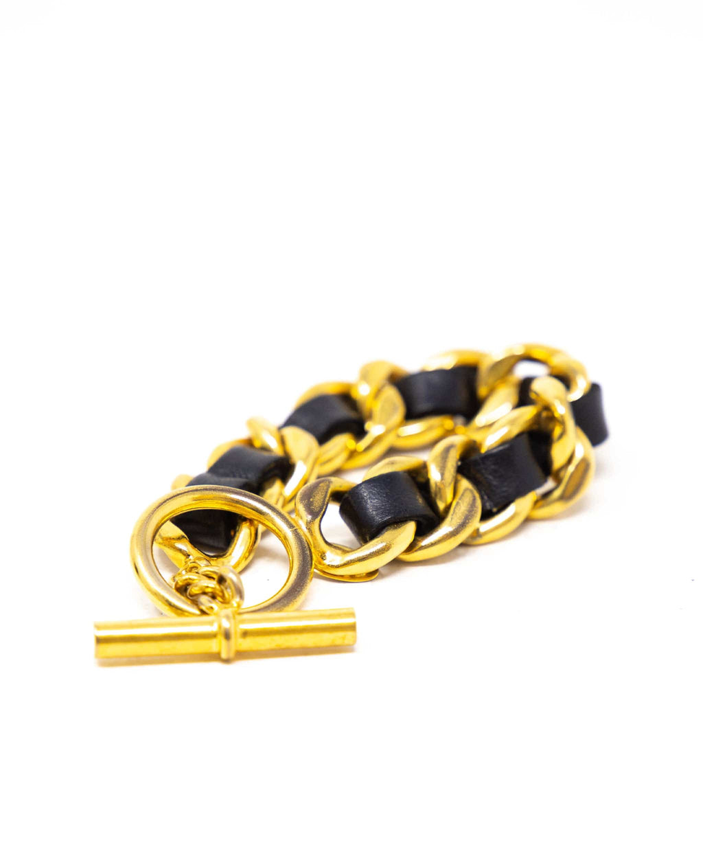FWRD Renew Chanel Leather Chain Bangle in Black & Gold | FWRD