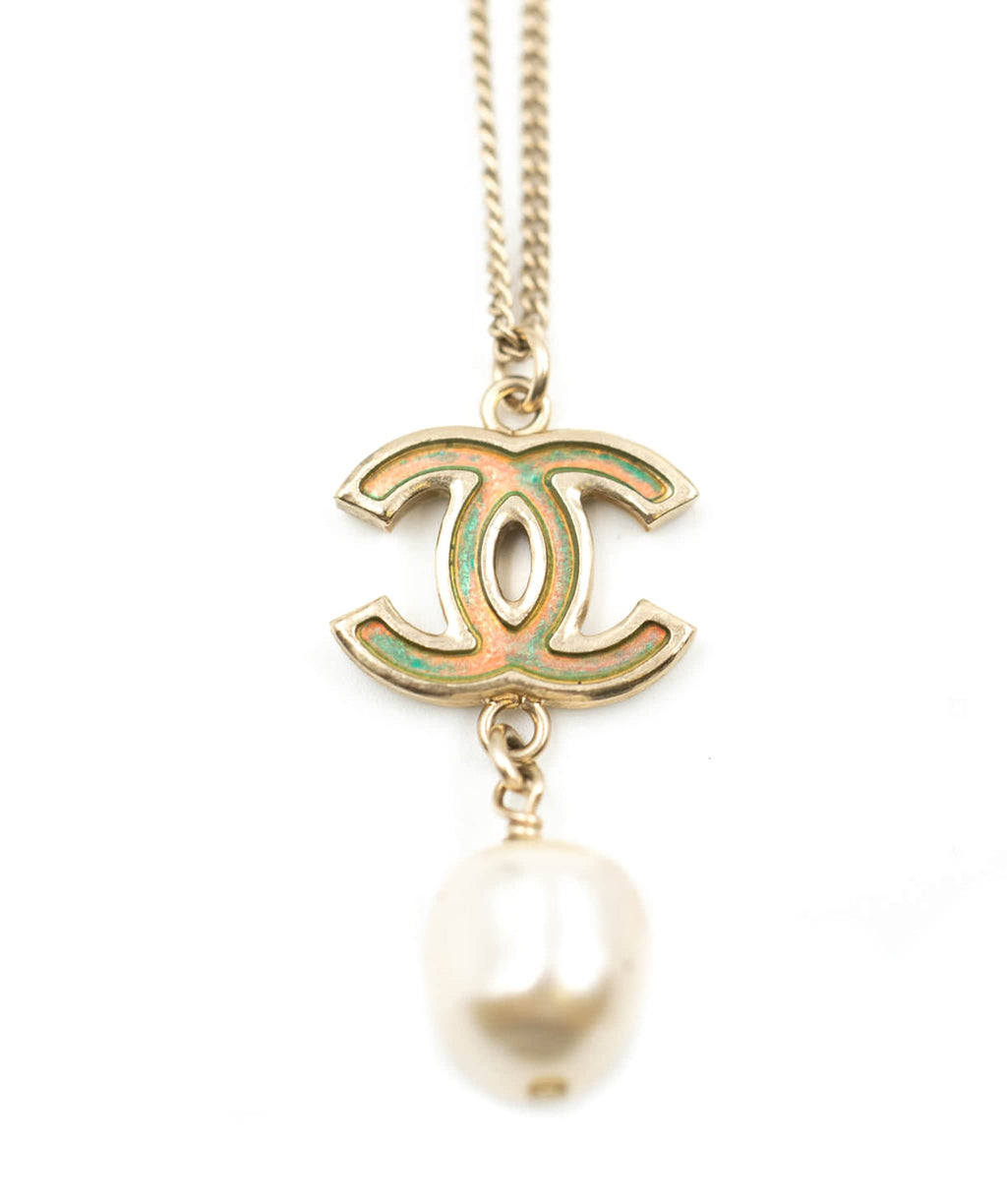 Chanel Silvertone Metal CC Pearl Pendant Long Necklace - Yoogi's