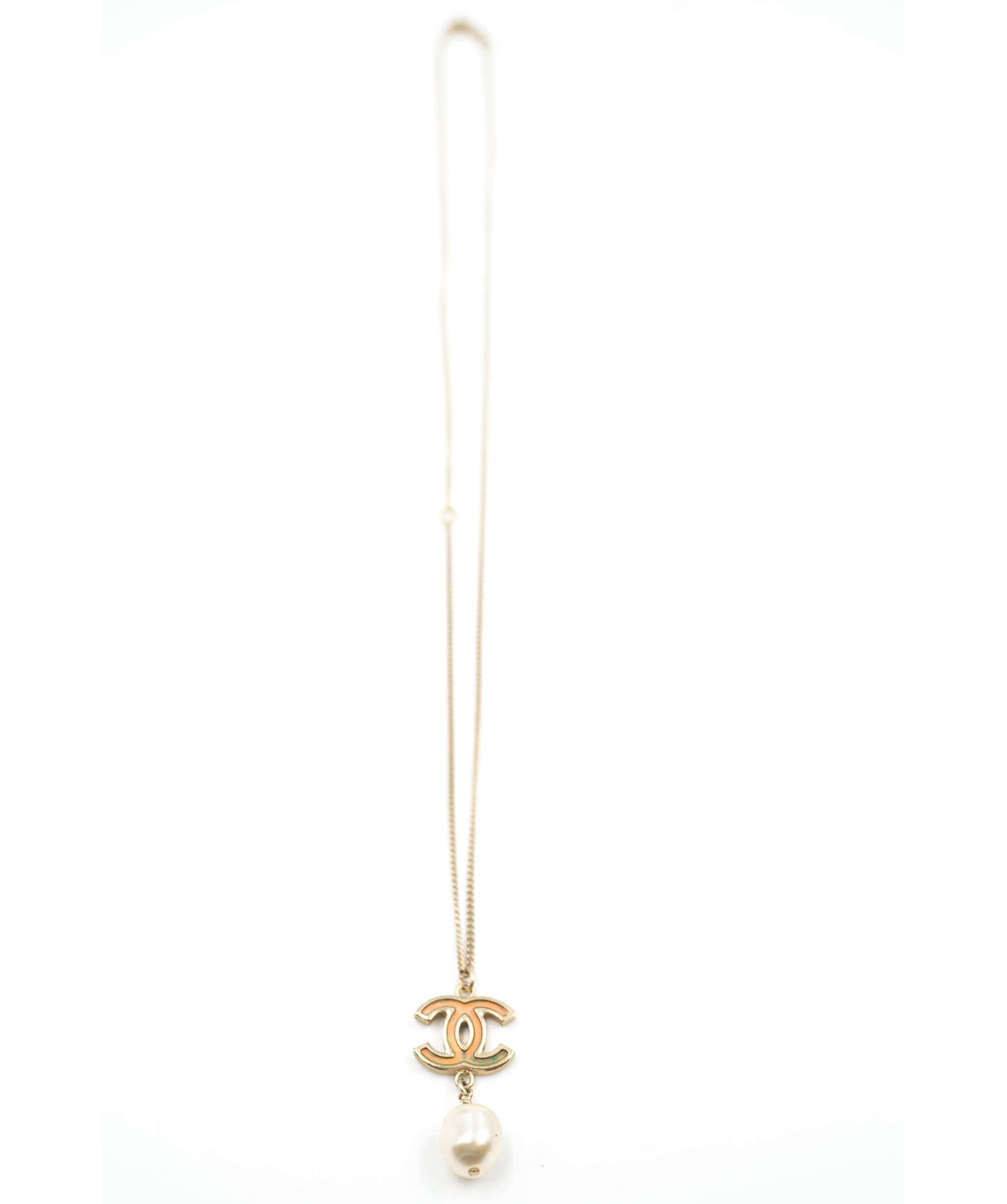 Chanel Champagne Gold Plated CC Faux Pearl Pendant Necklace