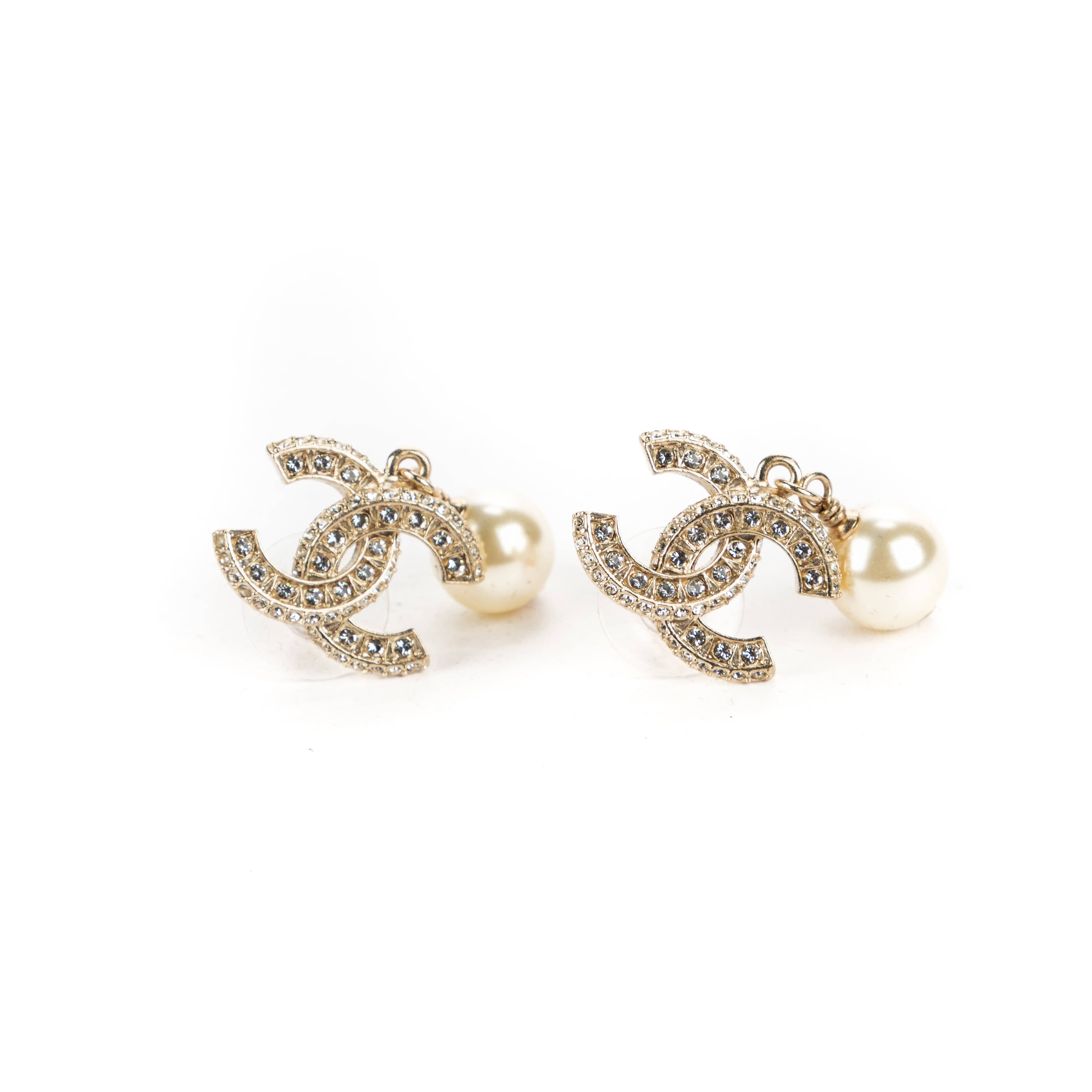 Chanel Chanel Double C Crystal with Pearl Drop Earrings - AWL1370