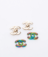 Chanel Chanel gold and raindow interchangeable lock CC stud earrings