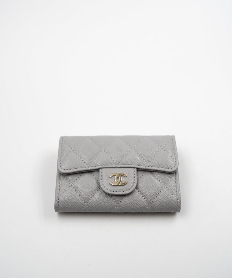 Chanel grey caviar card holder with a flap full set AEC1053