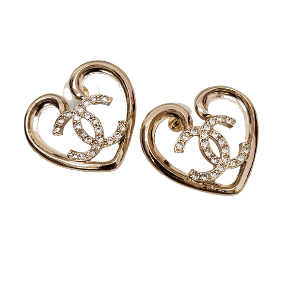 Chanel Large Heart Crystal CC Earrings LGHW (Pierced) SKC1344