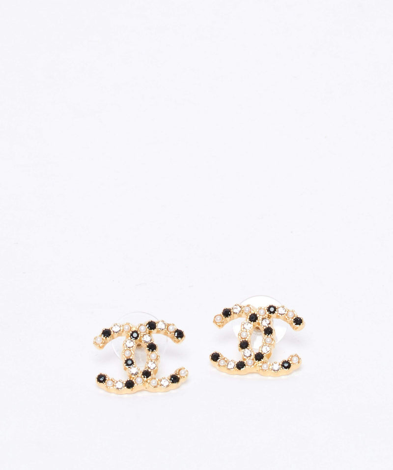Chanel Chanel pearl, black and white crystal CC stud earrings