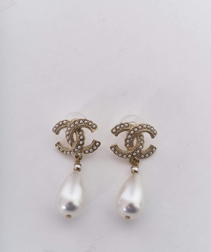 Lot 27 - Chanel Pearl Drop Earrings, silver tone CC