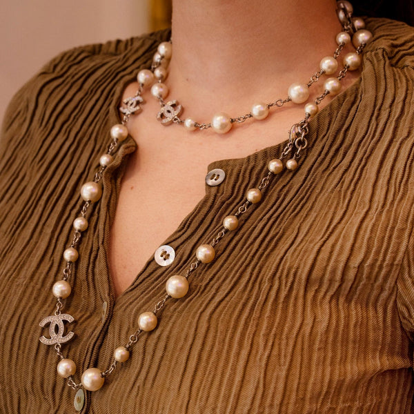 Vintage Chanel Faux Pearl Necklace With CC Rhinestones 
