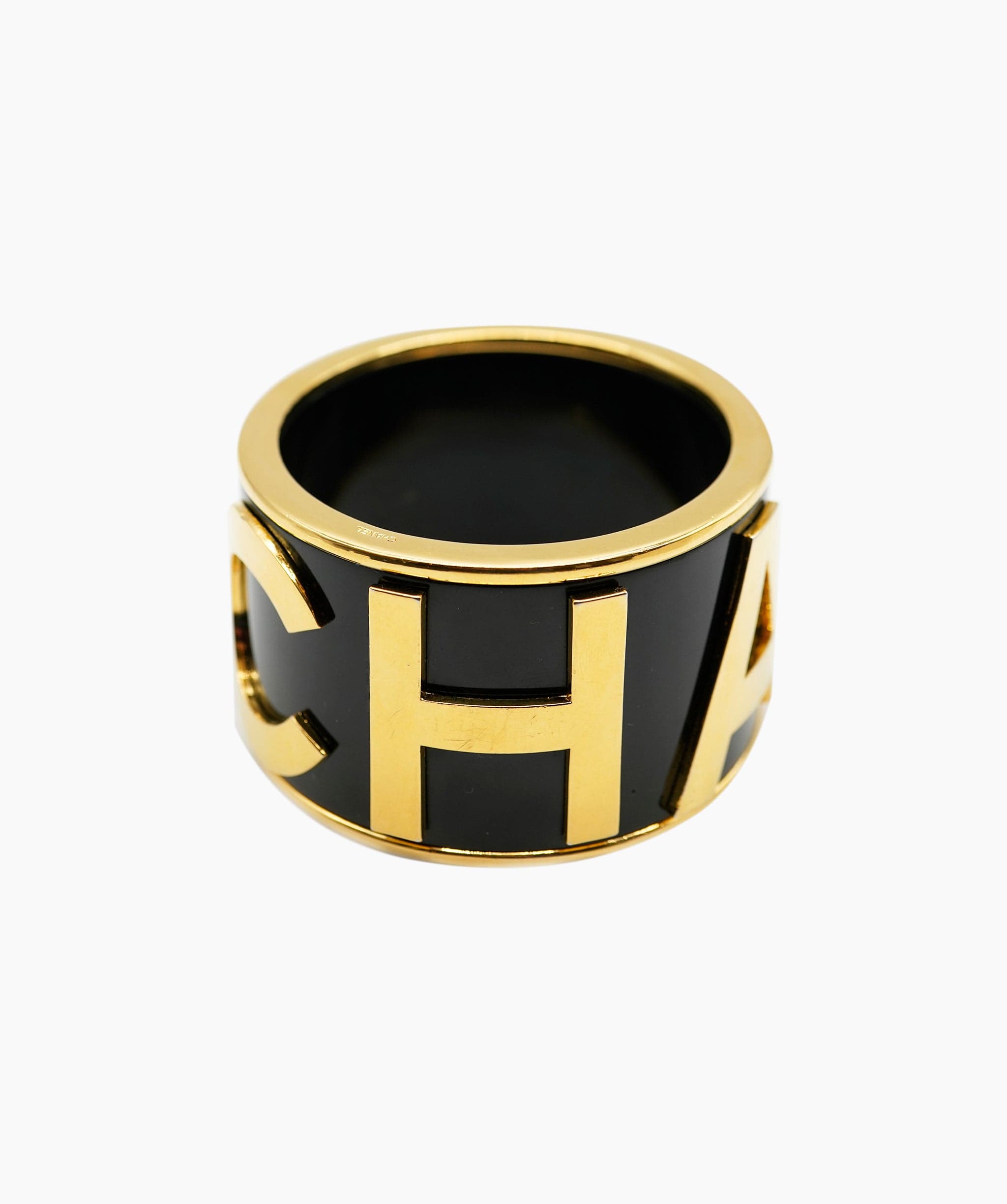 Chanel Chanel Runway 1986 Large Black Cuff With CHANEL Spelled out in Gold Tone AWL4270