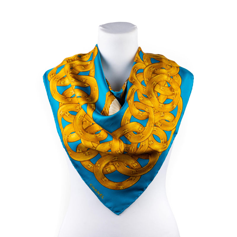Chanel Turquoise Vintage Scarf CC Brooches Motif - AWL3516