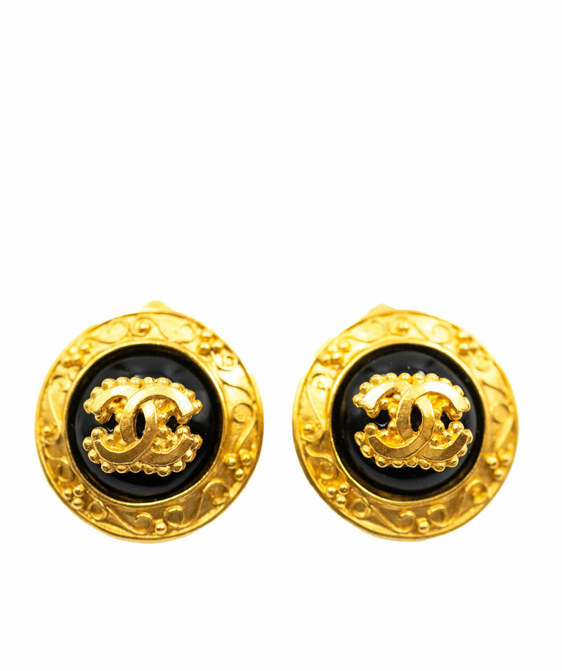 Chanel Chanel Vintage 96A Baroque Black and Gold CC Logo Stud Earrings ASL4188