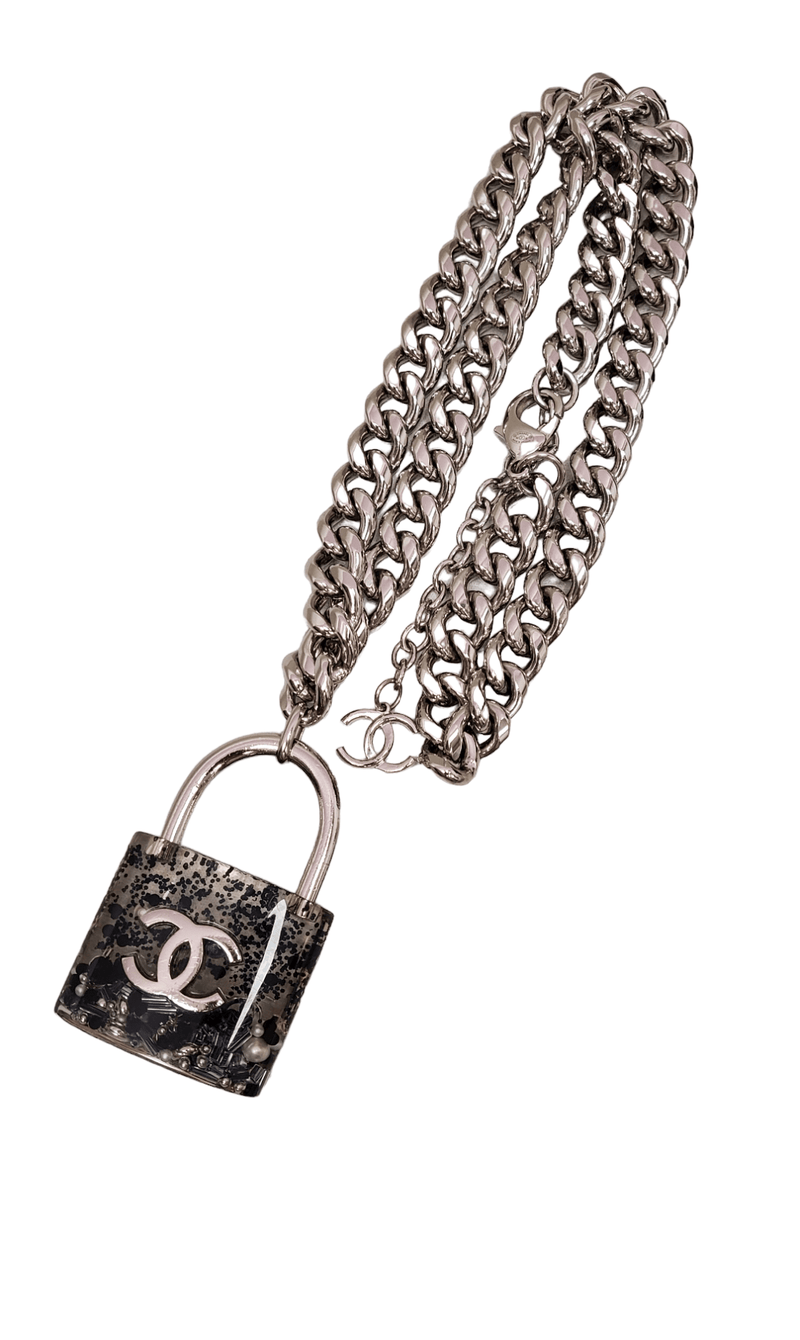 CHANEL Tweed CC Oversized Padlock Chain Necklace Silver 103823   FASHIONPHILE