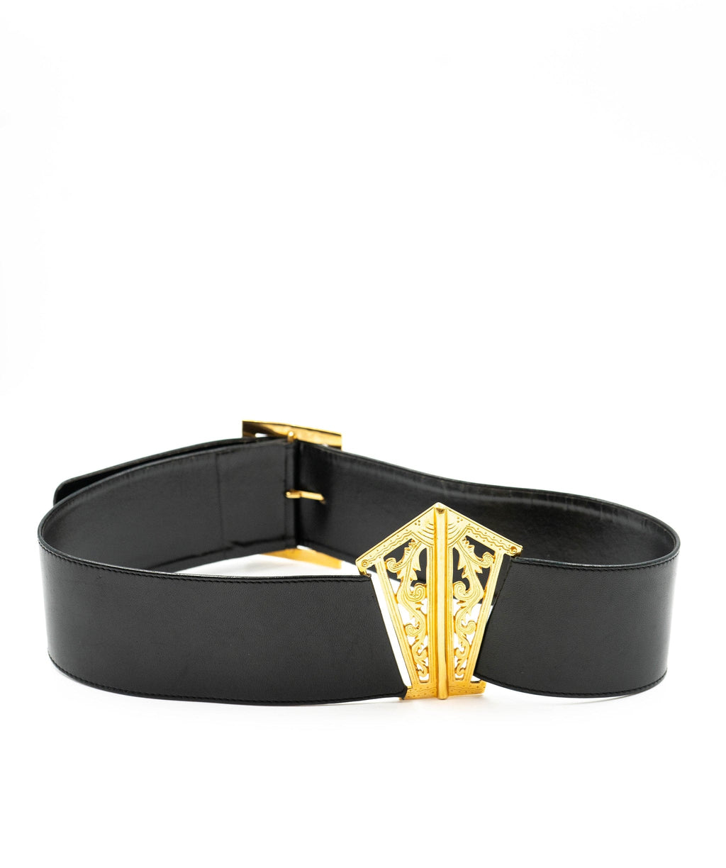 CHANEL Vintage Logo Pendant Chain interlaced Black Leather Belt 1982   Chelsea Vintage Couture
