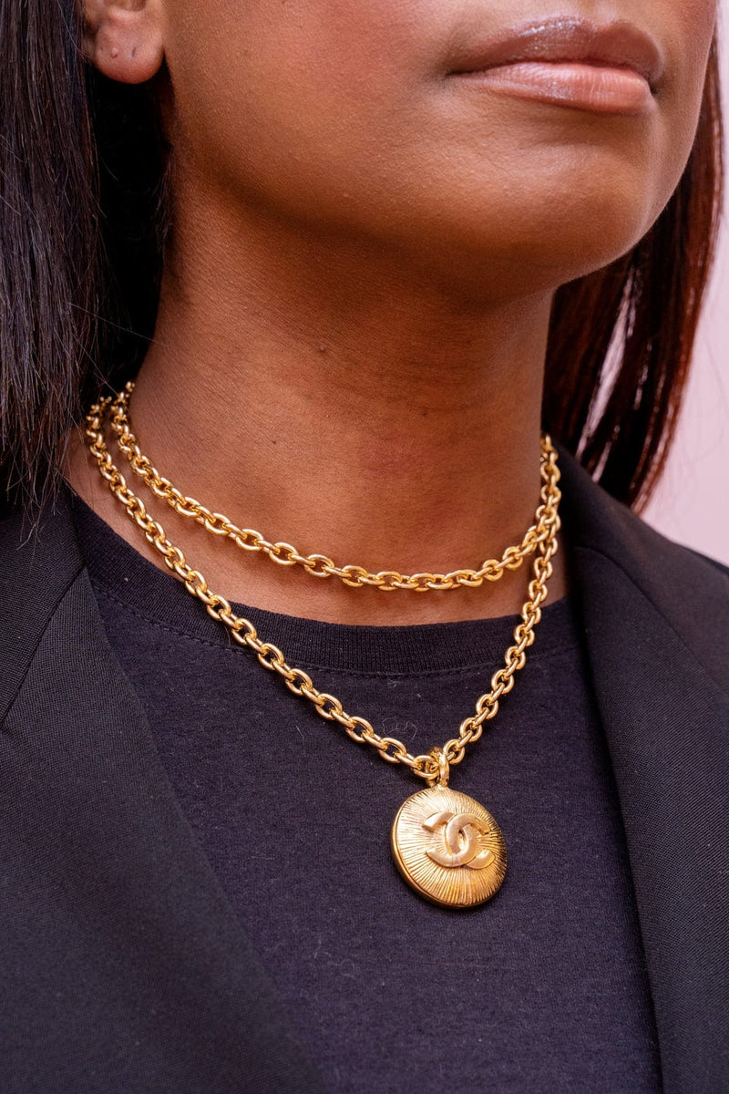 Chanel Gold-Tone Chain CC Rhinestone Pendant Necklace
