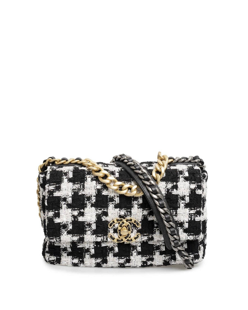 Chanel 19 Flap Bag Quilted Houndstooth Tweed and Ribbon Medium Black  23519926