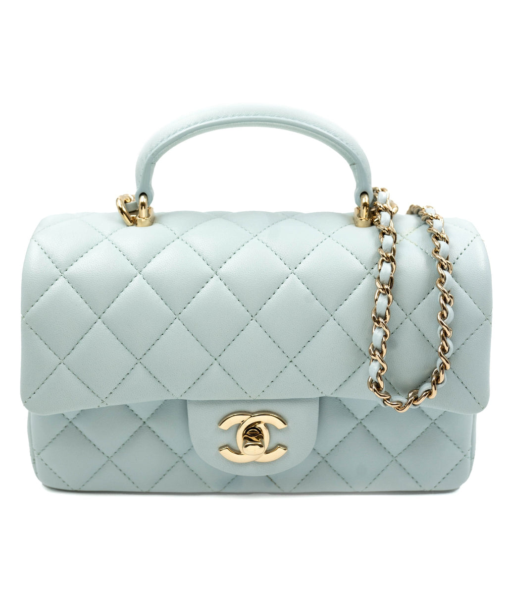 Chanel Mini Top Handle Light Blue Quilted Lambskin in GHW Bag, Luxury, Bags  & Wallets on Carousell