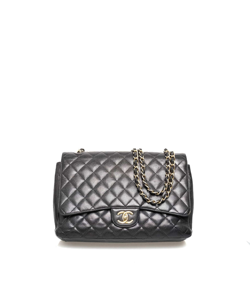 $7500 Chanel Classic Black Caviar Quilted Leather Jumbo Flap Bag