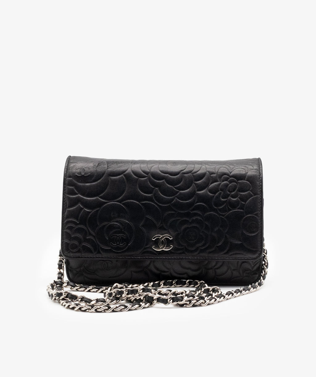 CHANEL Lambskin Camellia Embossed Wallet on Chain WOC Black