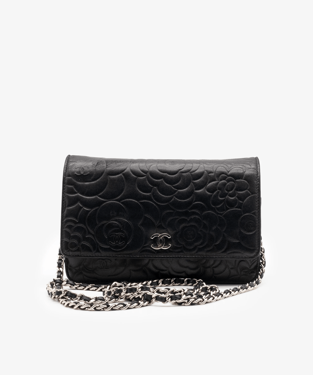 Chanel Lambskin Camellia Wallet On Chain WOC Black Silver HW