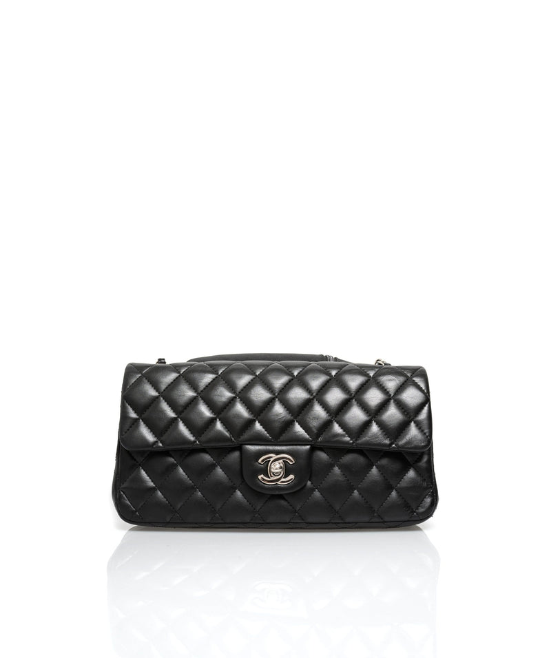 Chanel 12077632 Black Lambskin East West Flap Bag in Silver