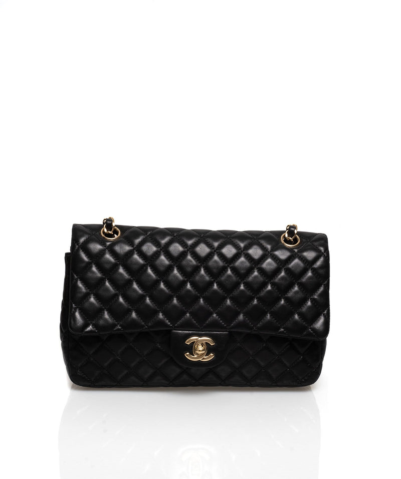 Chanel Chanel Black  Micro Quilted Lambskin 10" Medium Classic Flap GHW