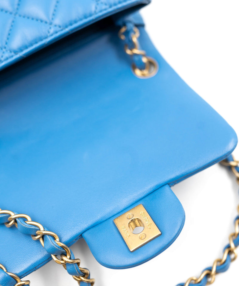 Chanel Mini Classic Flap (N5XXxxxx) Baby Blue Lambskin, Light Gold  Hardware, with Dust Cover & Box