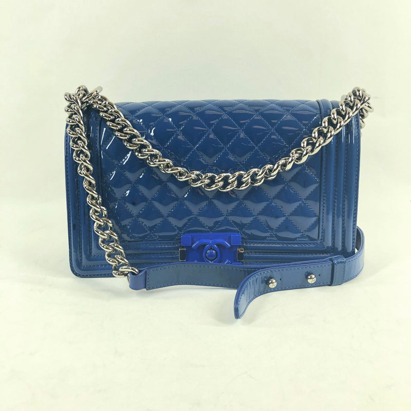 Chanel Blue Quilted Patent Leather Medium Plexiglass Boy Bag - Yoogi's  Closet