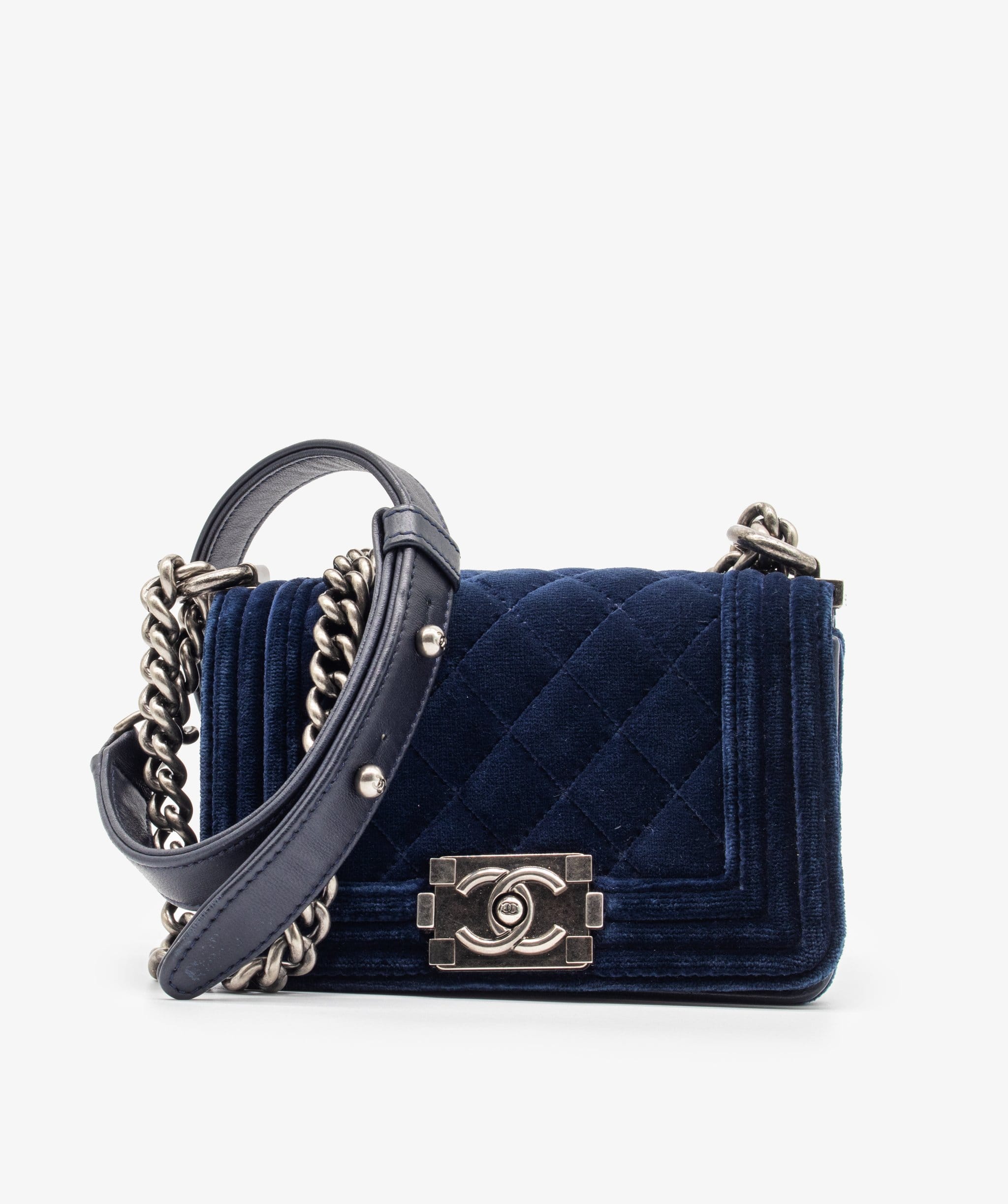 Chanel Chanel Dark Blue Quilted Velvet Medium Boy Bag Gold