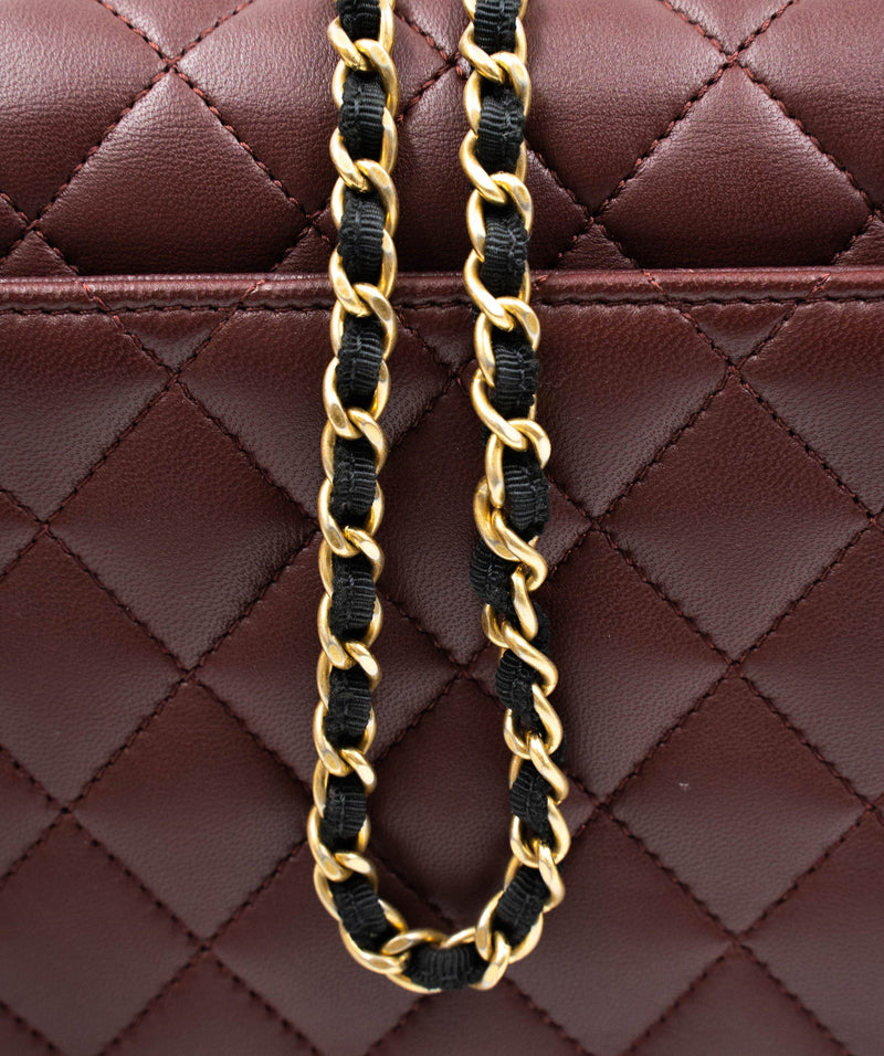 Small flap bag, Patent calfskin & gold-tone metal, burgundy — Fashion