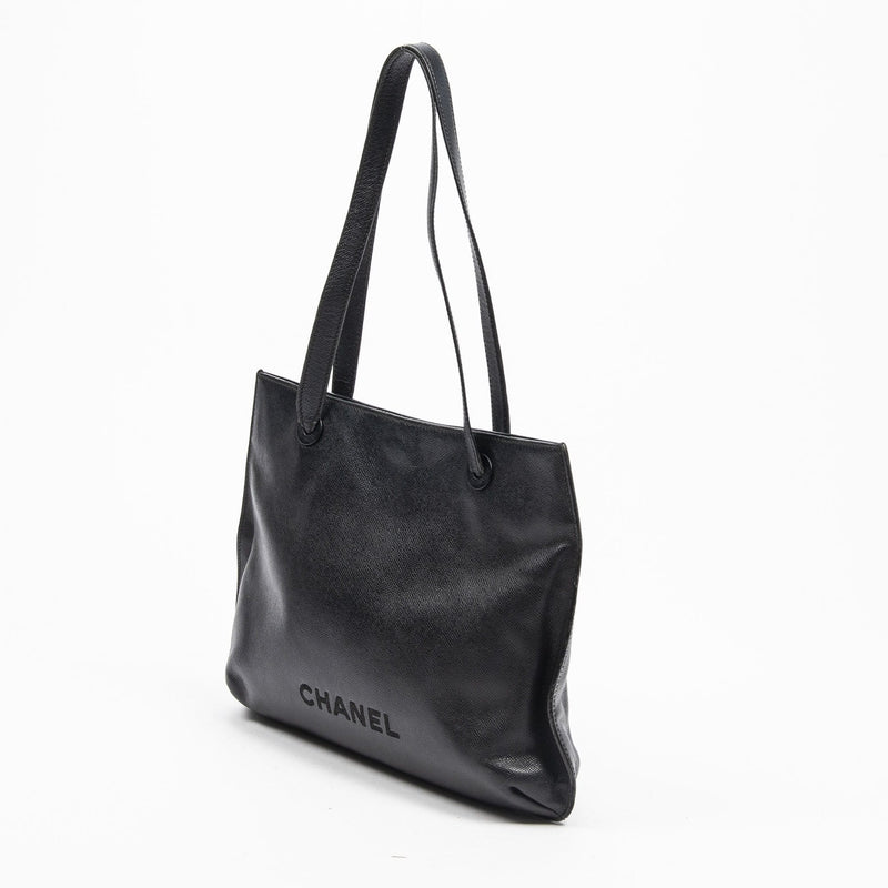 Chanel Chanel Caviar Skin Logo  Black Leather Tote Bag  - AWL1395