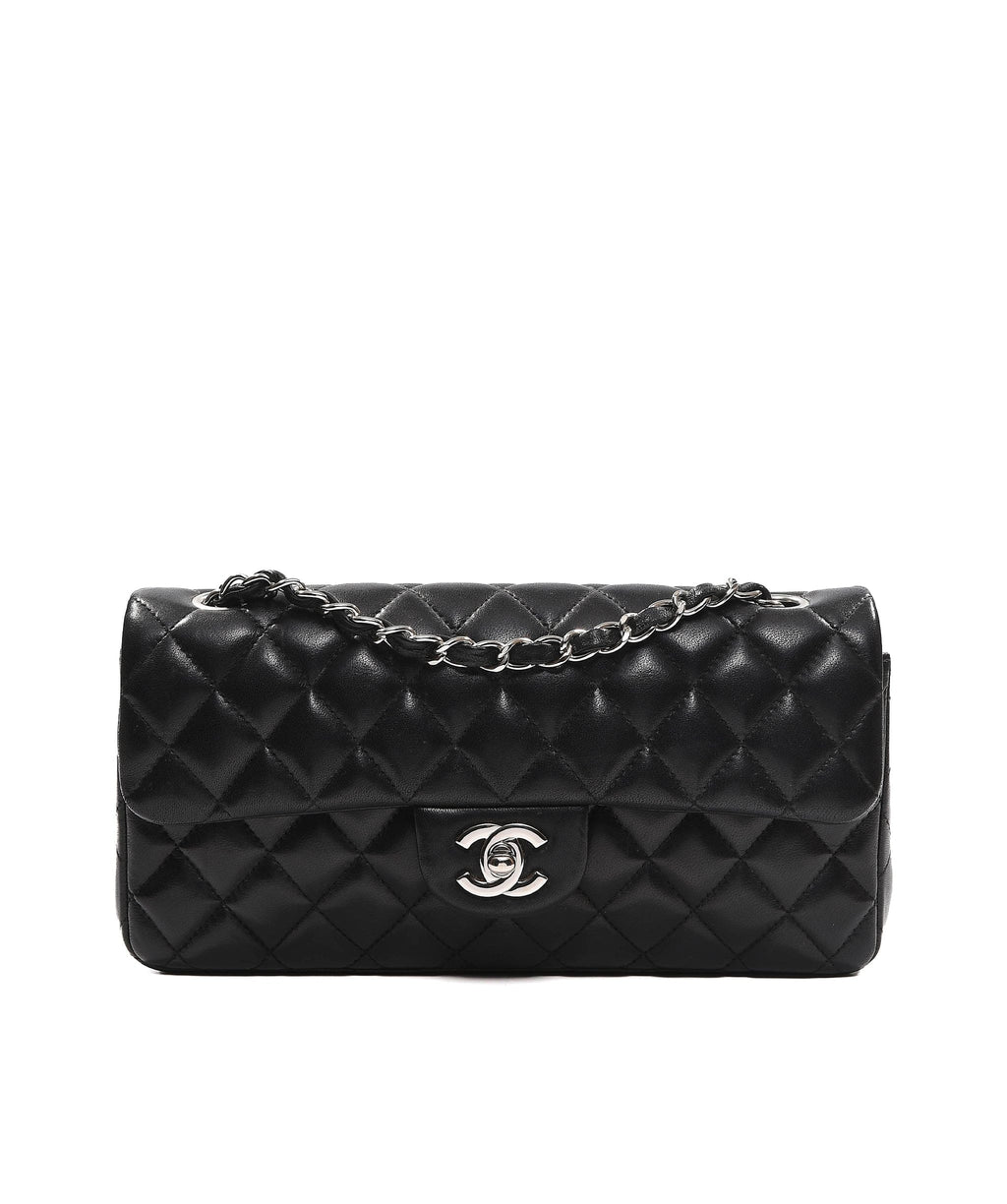 Authentic Chanel East West Flap Shoulder Bag in Black Caviar