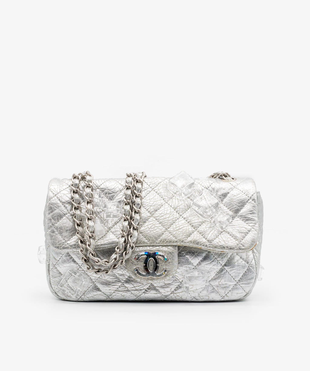 Chanel Metallic Silver Double Flap Handbag