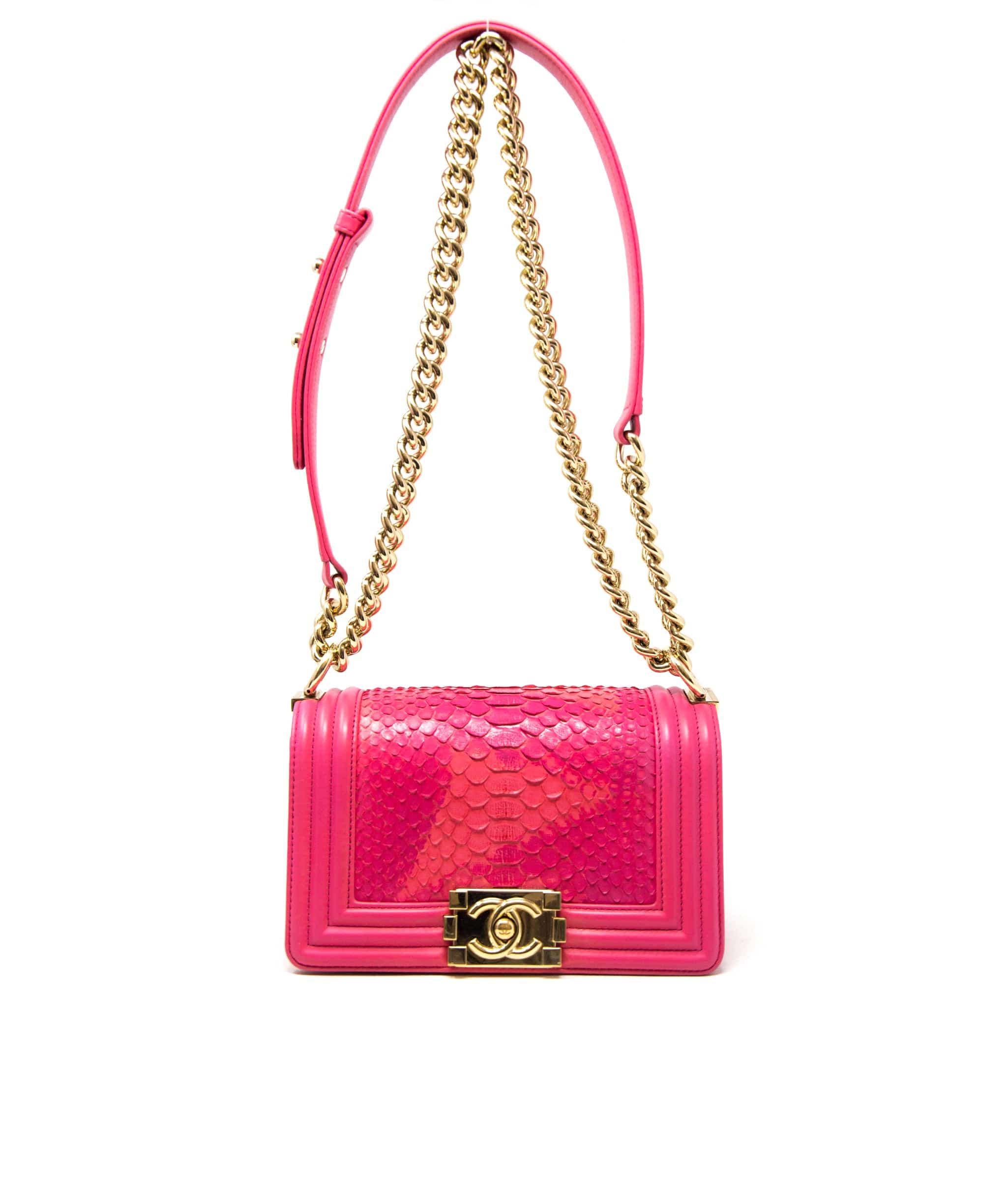 Chanel Chanel hot pink small python boy bag, with champagne gold hardware.  AGC1163