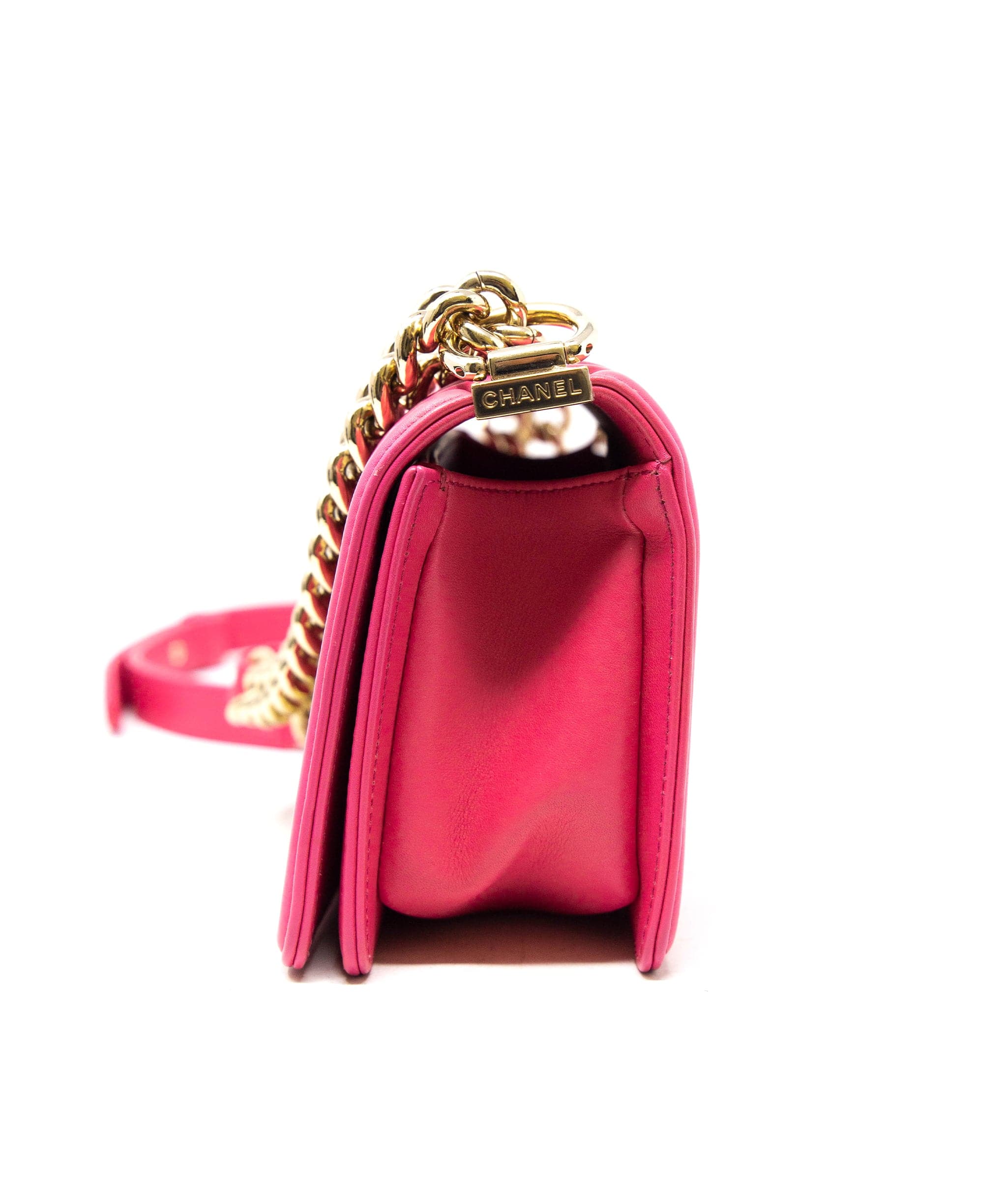 Chanel Chanel hot pink small python boy bag, with champagne gold hardware.  AGC1163